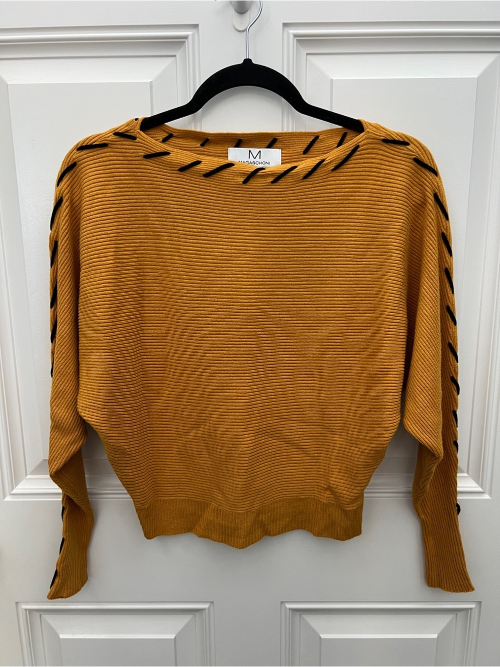 Magaschoni Mustard Yellow Ribbed Dolman Sleeve Whipstitch Sweater XS
